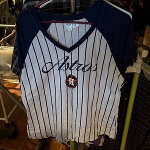 MLB Astros Navy and White Striped Women's V-neck Tee